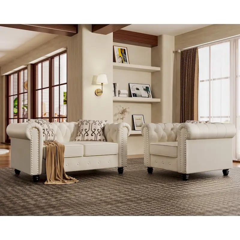 Classic Tufted Velvet Upholstered Chesterfield Club Chair & Loveseat 2 Pieces with Nailhead for Living Room