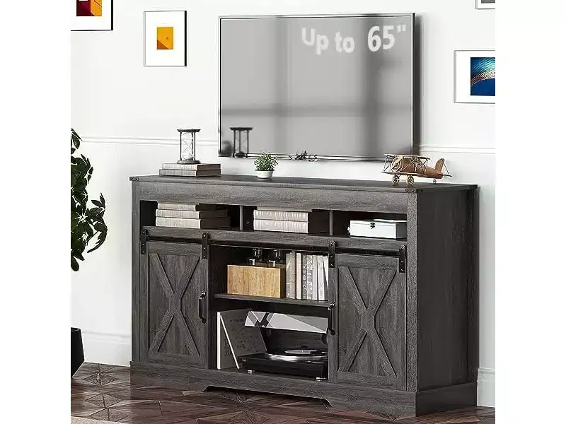 Heynemo Farmhouse TV Stand with Sliding Barn Door for TVs up to 65+ Inch, 34 Tall Entertainment Center, Wood Media Console Storage Cabinet