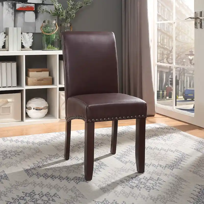 Brown Faux Leather Parsons Dining Chair with Nailhead Trim, 1-Person