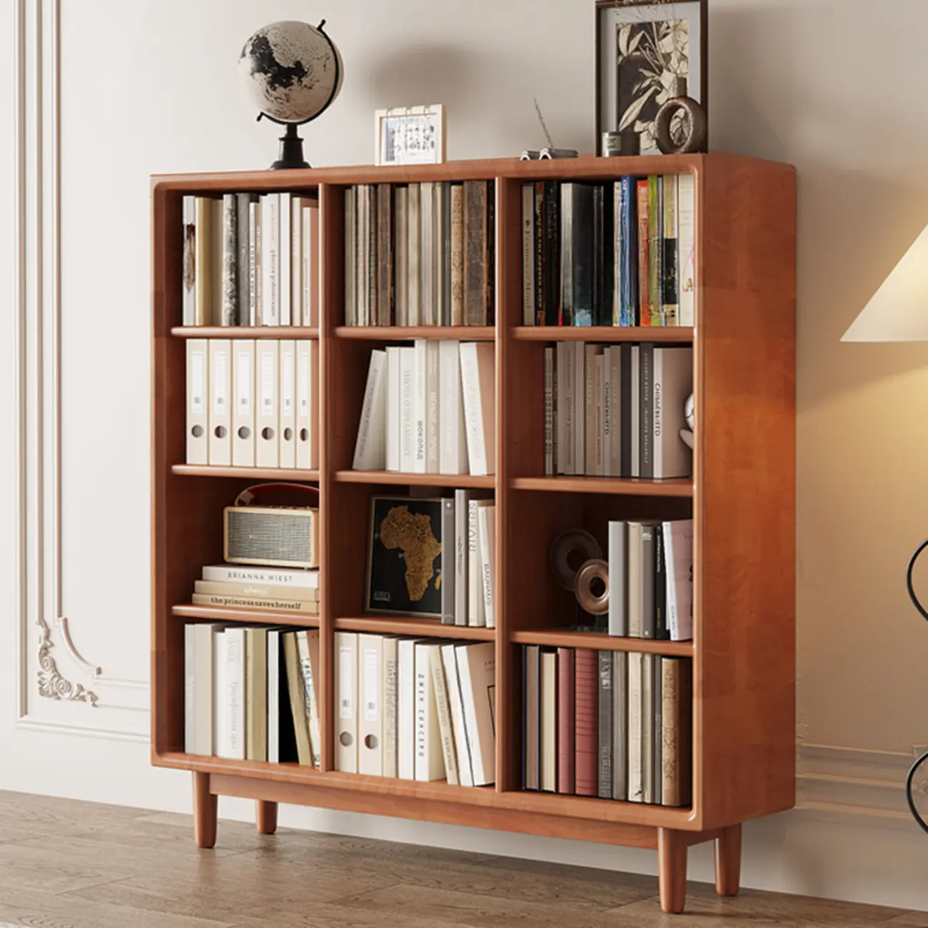 Mid Century Modern Oak Wood Closed Back Standing Bookcase
