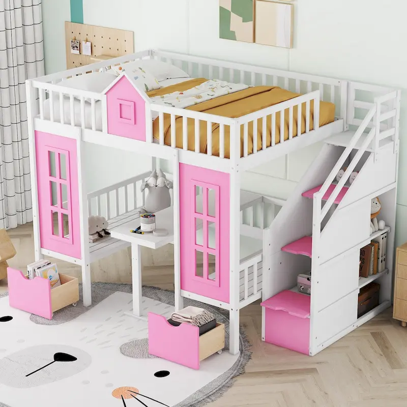 Pink / Grey / White Full-Over-Full Bunk Bed with Foldable Table – Sleeps 2