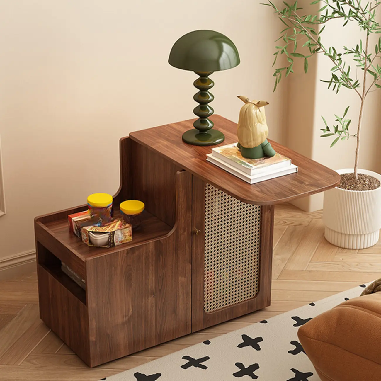 Rotating Brown Wood Rectangle Wheeled Side Table with Drawer