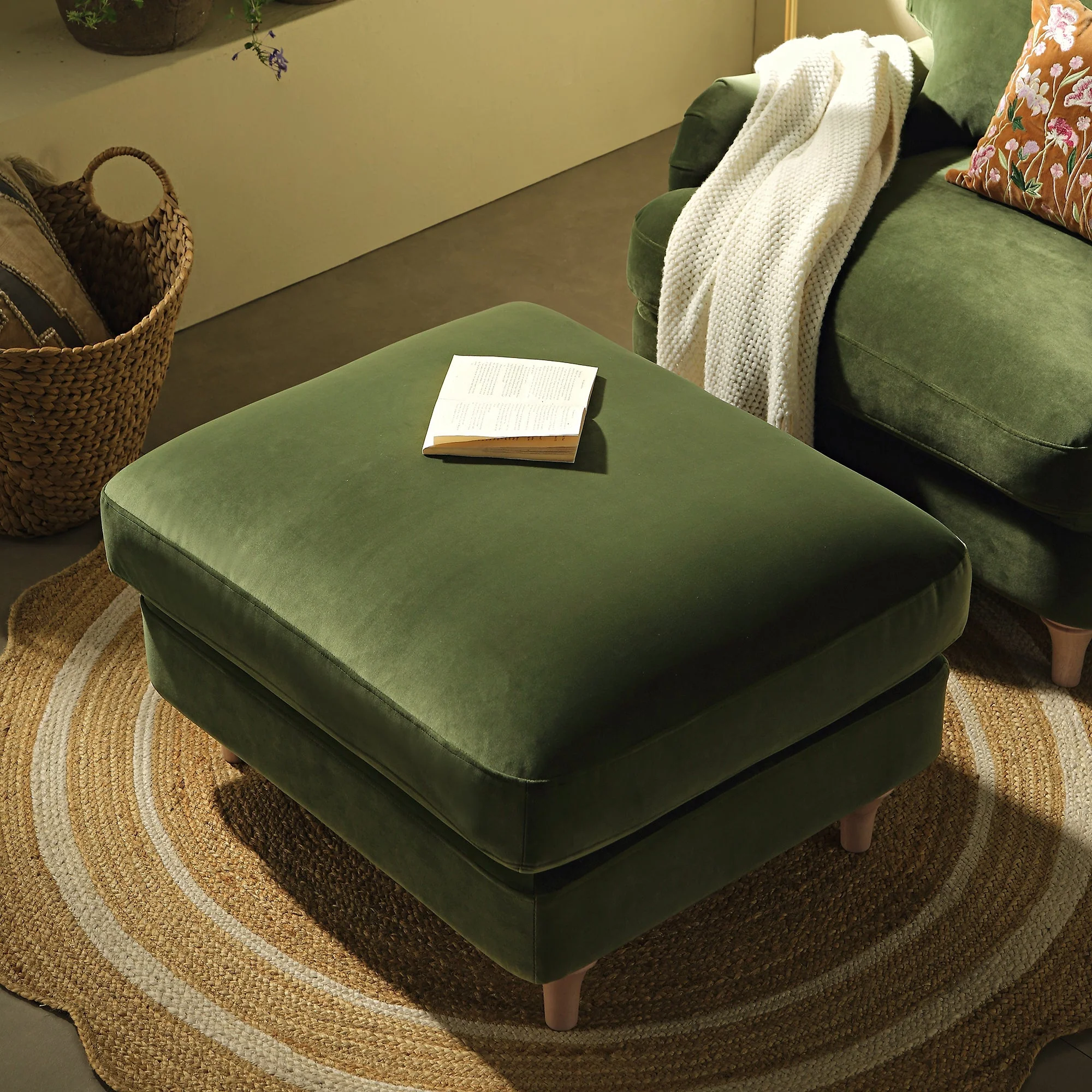 Traditional English Footstool - Fern Green Velvet, Washed Wood Legs, Padded Seat, 31.5