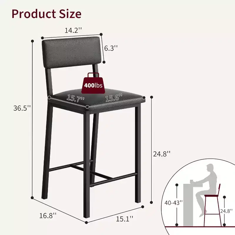 Acekool Bar Stools Set of 4, Counter Height Stools with Back, Upholstered PU Leather & Thick Metal Legs, Kitchen Island Chairs