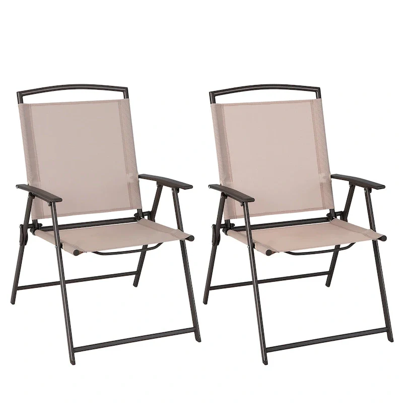 2 pcs Patio Folding Sling Dining Chairs Armrests Steel Frame