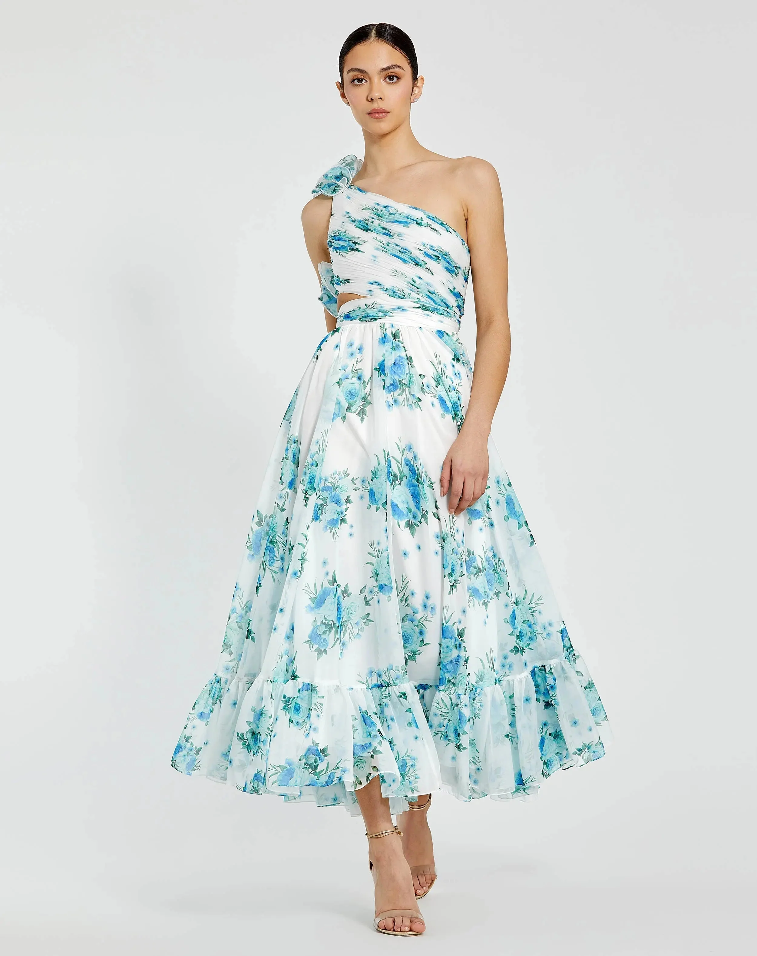 White One Shoulder Ruffle Cut-Out Chiffon Midi Dress