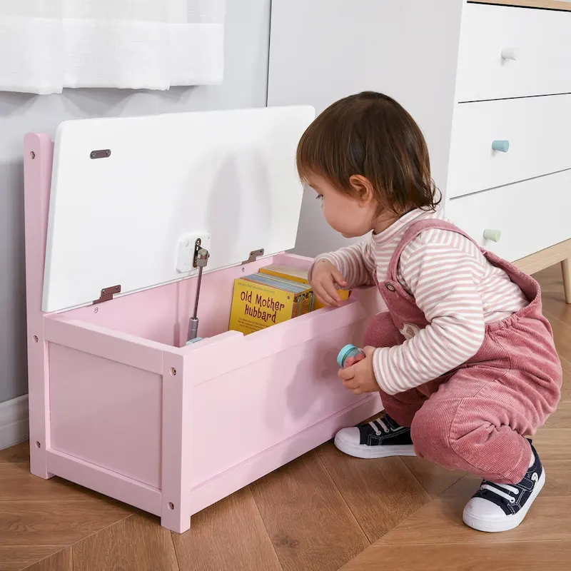 Pink/Grey/White Kids Storage Bench with Safety Lid – 2-in-1 Toy Box & Seat