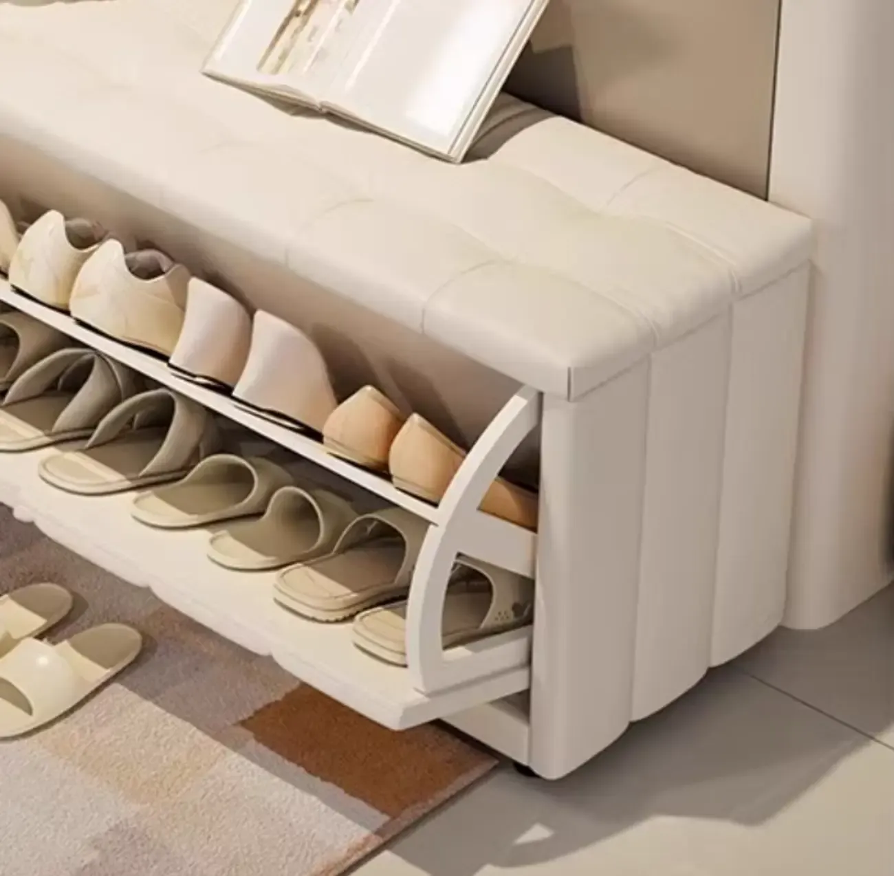 Adjustable Shelves Drop Front Wood Cushioned Shoe Bench