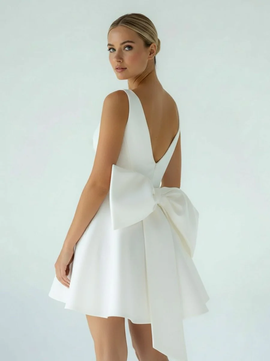 A-Line White Satin V-Neck Short Wedding Dress with Bow
