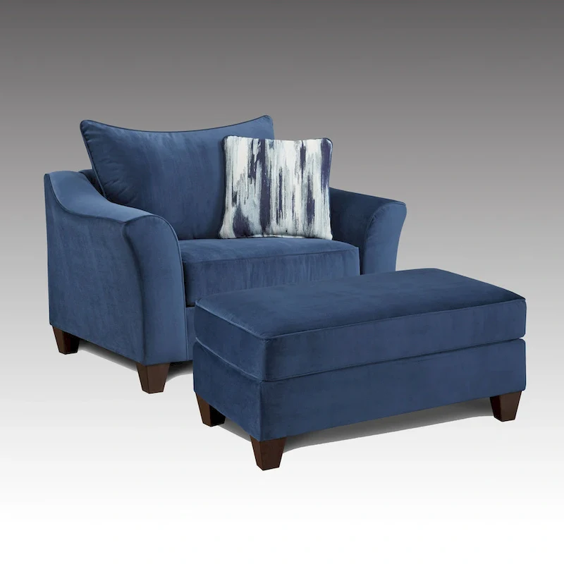 Navy Blue Fabric Chair and Ottoman Set with Pillow