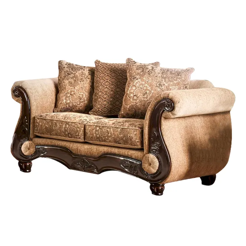 Nican 2pc Sofa Loveseat Set, Tan Gold Faux Leather, 8 Accent Pillows