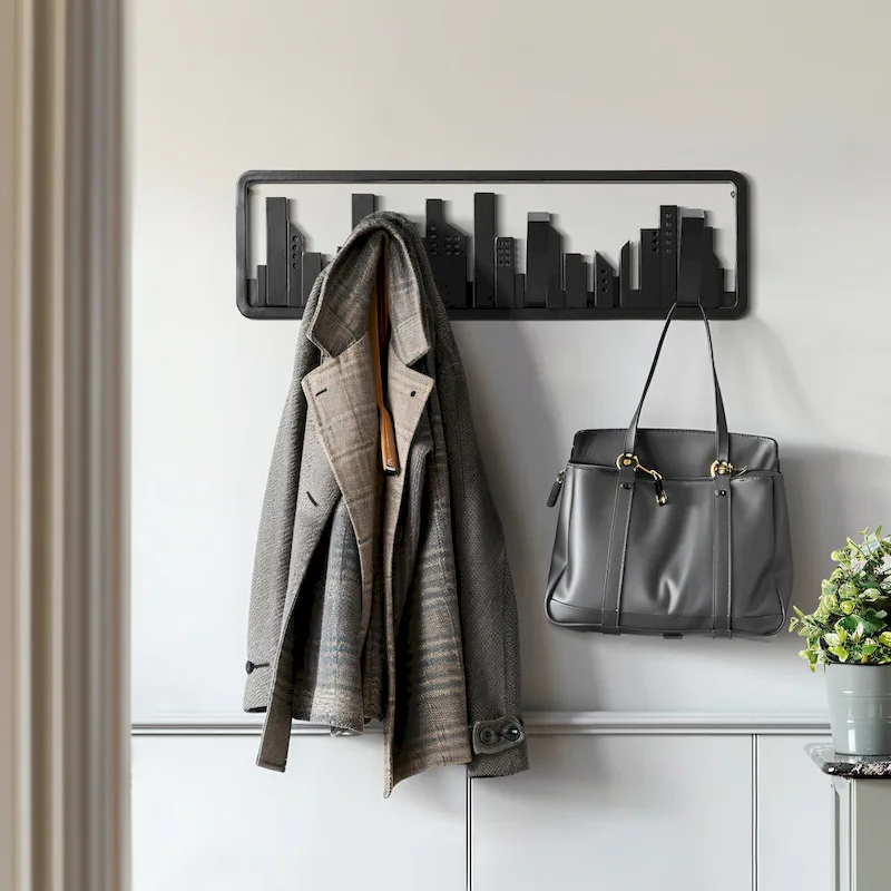 Black Wood 4-Hook Wall-Mounted Coat and Towel Rack - 22.3 Wide