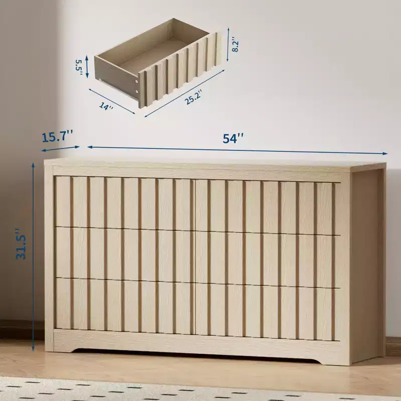 Acekool Bedroom Storage, Wide Wooden Dresser with Drawers, Modern Fluted Closet Organizer for Clothes, Natural Oak