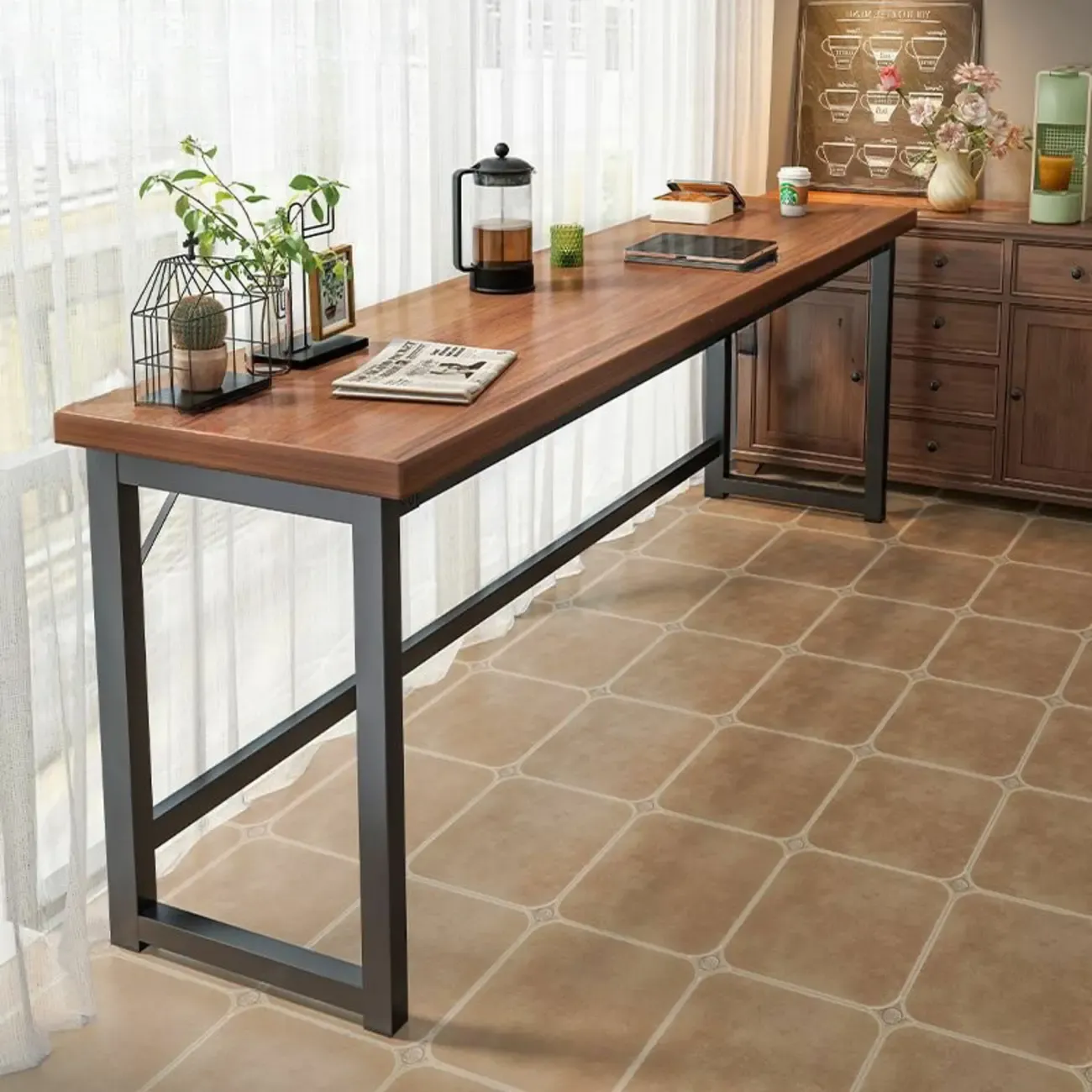 Modern Brown Wooden Metal Frame Fixed Top Bar Tables