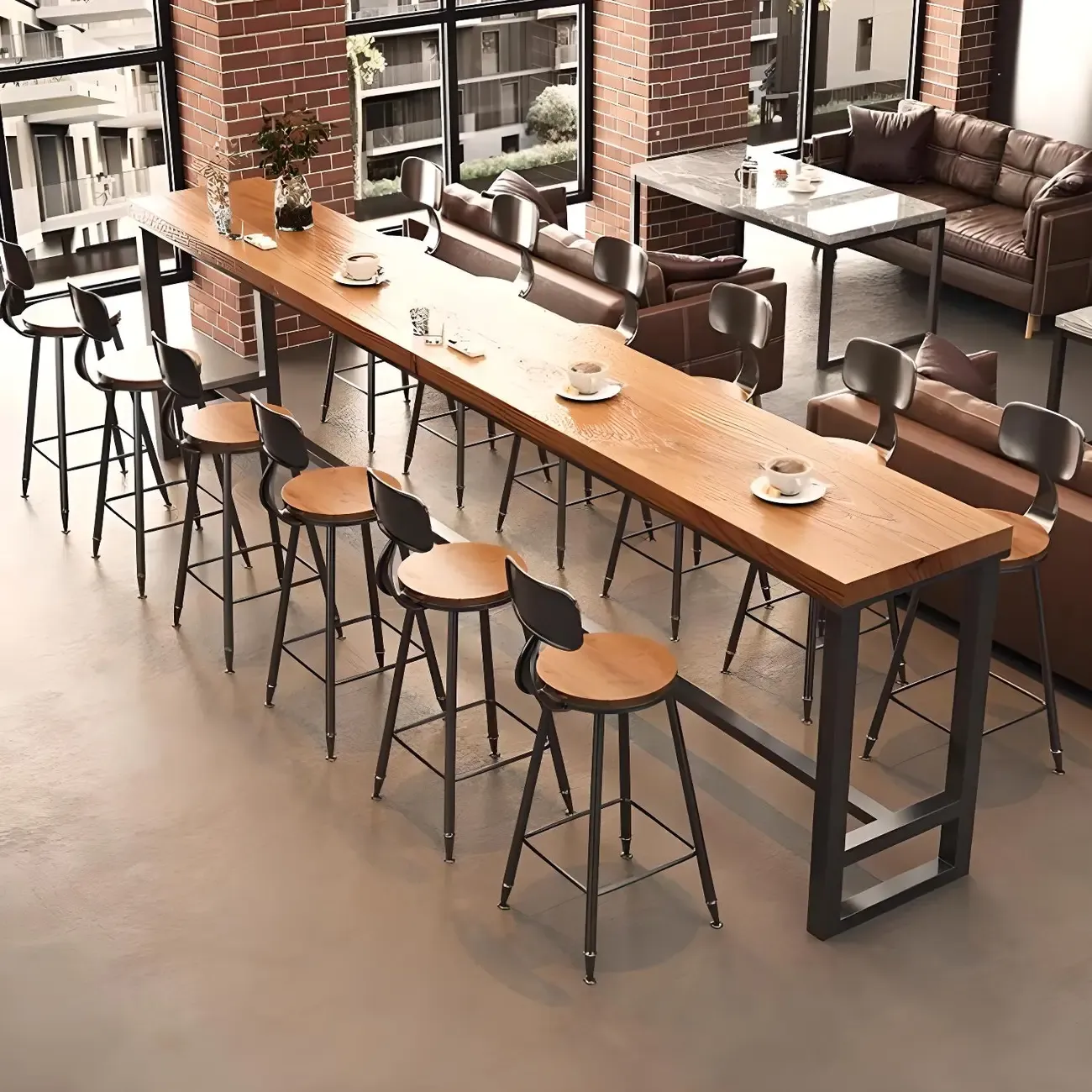 Brown Rectangular Pine Wood Bar Table with Steel Base