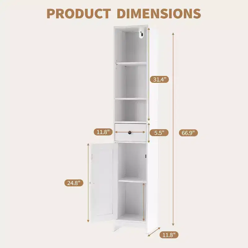 66 Tall Narrow Storage Cabinet with Adjustable Shelves & Drawer- Space Saving Freestanding Organizer for Bathroom, Kitchen, Entryway