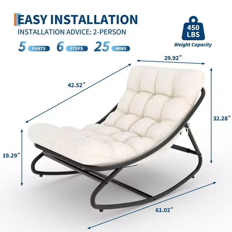 Outdoor Rocking Chair with Adjustable Papasan Design, Durable Metal Frame, Waterproof Comfort Cushion for Patio, Porch, Garden & Indoor Living Room