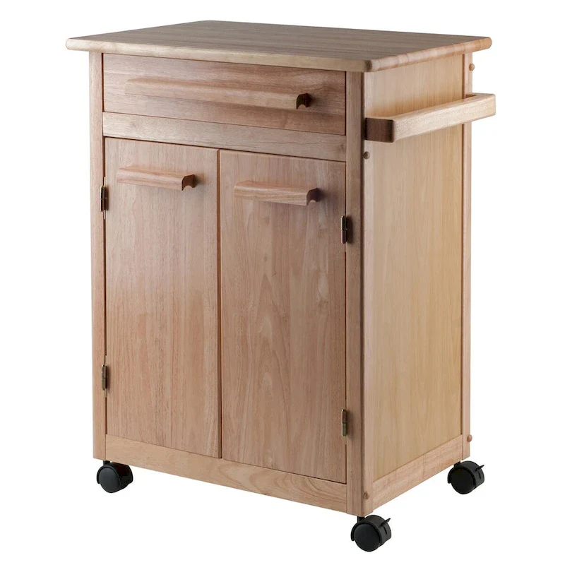 Natural Finish Rolling Kitchen Cart with Cabinet, Drawer & Towel Bar