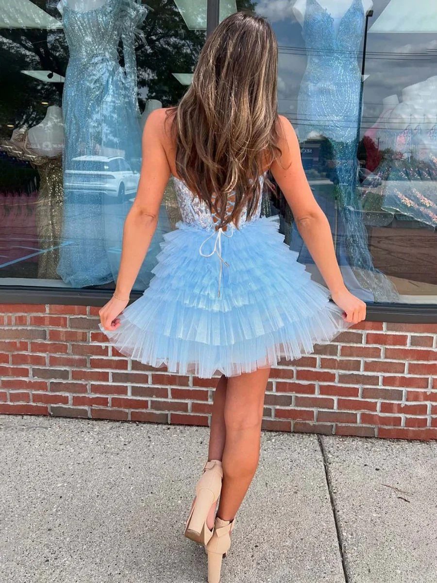 Sky Blue - A Line V Neck Tulle Tiered Homecoming Dresses With Appliques