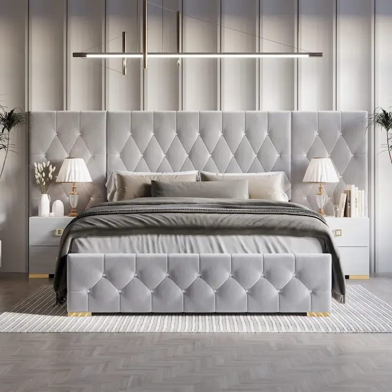 Velvet Tufted Platform Bed with Wall Panels – Black / Silver Grey, Queen & King