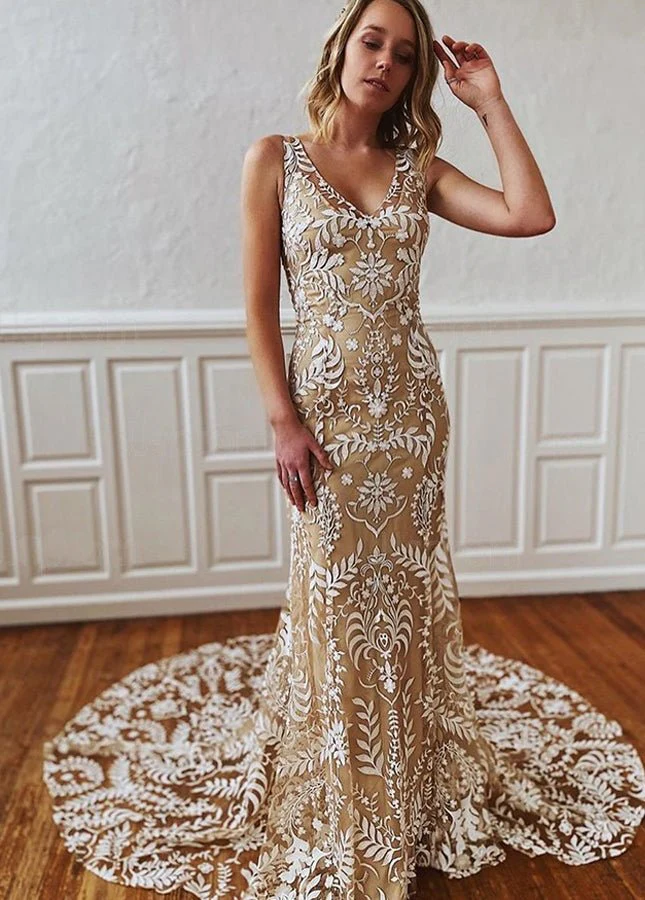 Boho Lace Open Back Sleeveless Appliqued Beach Sexy Wedding Dress