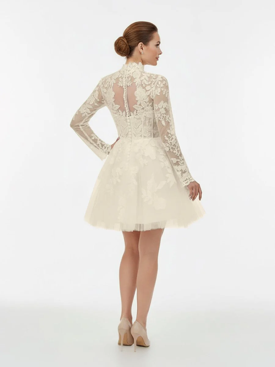 Short White A-Line Illusion Neck Long Sleeves Lace Wedding Dresses
