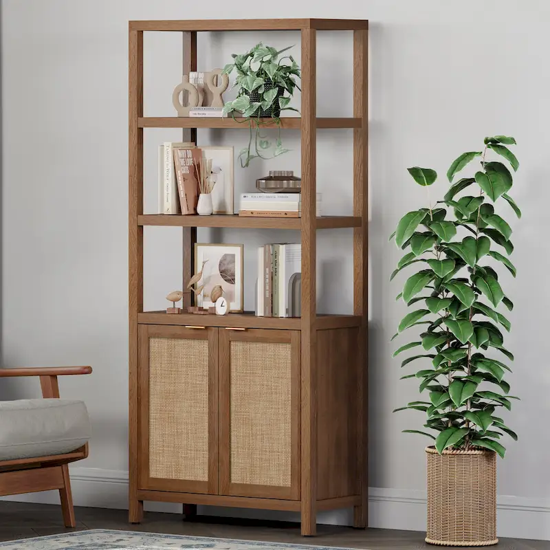 5 Tier Adjustable Bookshelf with Rattan Storage Cabinet