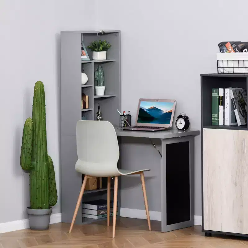 GDFStudio Cordoba Foldable Wall-Mounted Home Office Desk with Blackboard and Storage Shelves