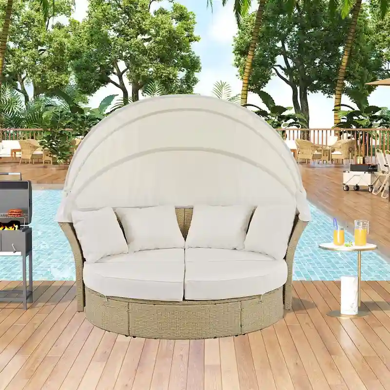 Outdoor Patio Wicker Rattan Double Daybed Furniture Set with Canopy