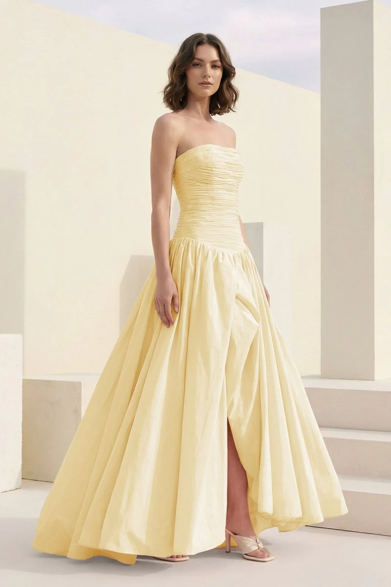 Yellow - Strapless A Line Satin Pleated Prom Dresses With Slit