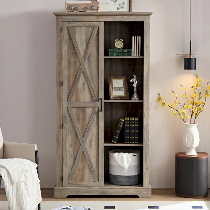 Barn Door Wood Tall Storage Cabinet