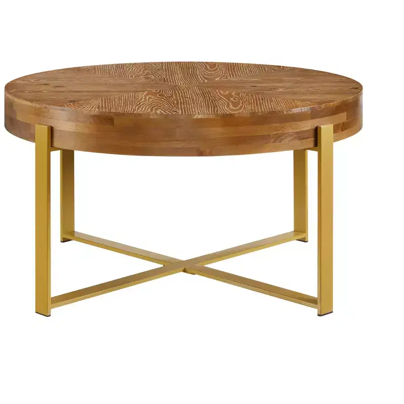 EHMKNP 32.28 Rustic Vintage Round Wood Coffee Table with Gold Metal Legs