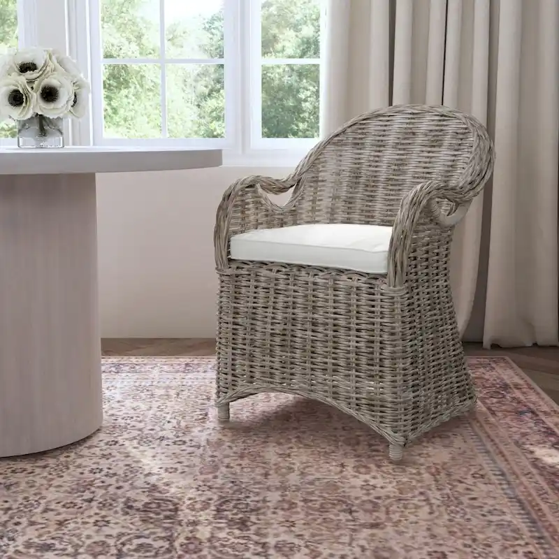 Brown-Blue-Wash / Whitewash Handwoven Rattan Wicker Armchair with Cushion - Single Use