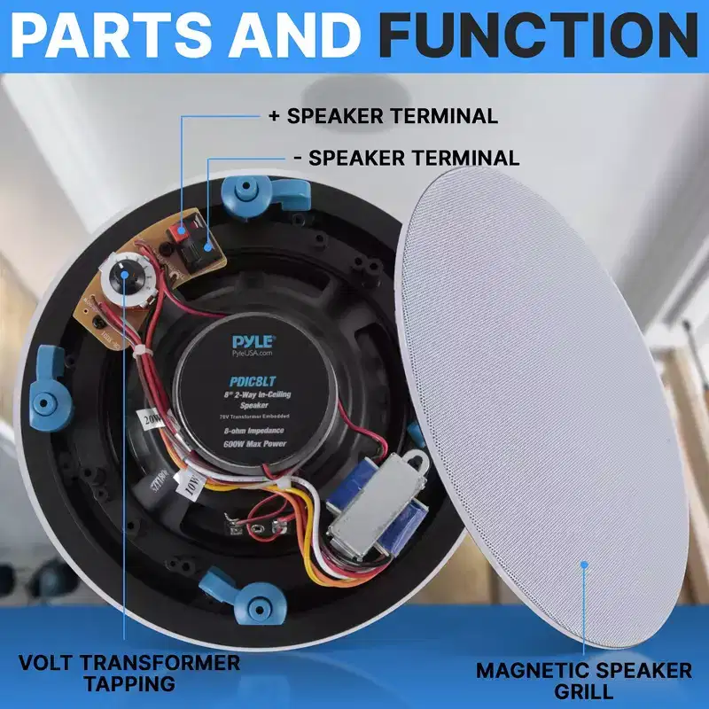 Pyle PDIC8LT 8 In-Wall / In-Ceiling Speaker with 70V Transformer, Magnetic Grill, 600W MAX Power  Black