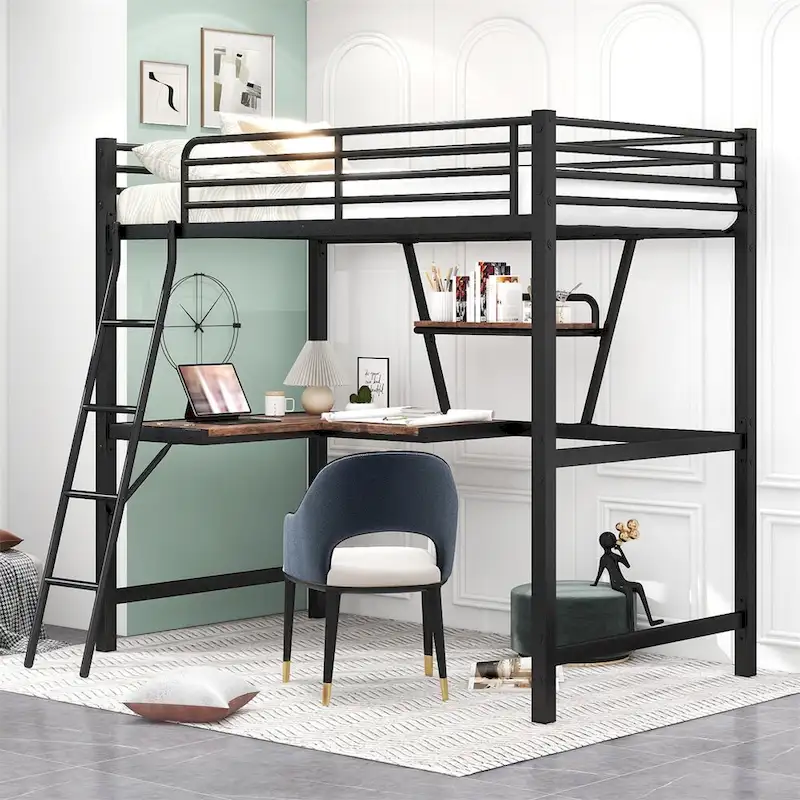 Merax Metal Loft Bed with L-shaped Desk and Shelf