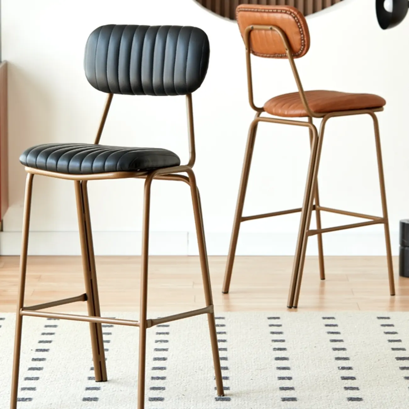 Mid Century Modern Leather Gold Frame Bar Stools with Backs