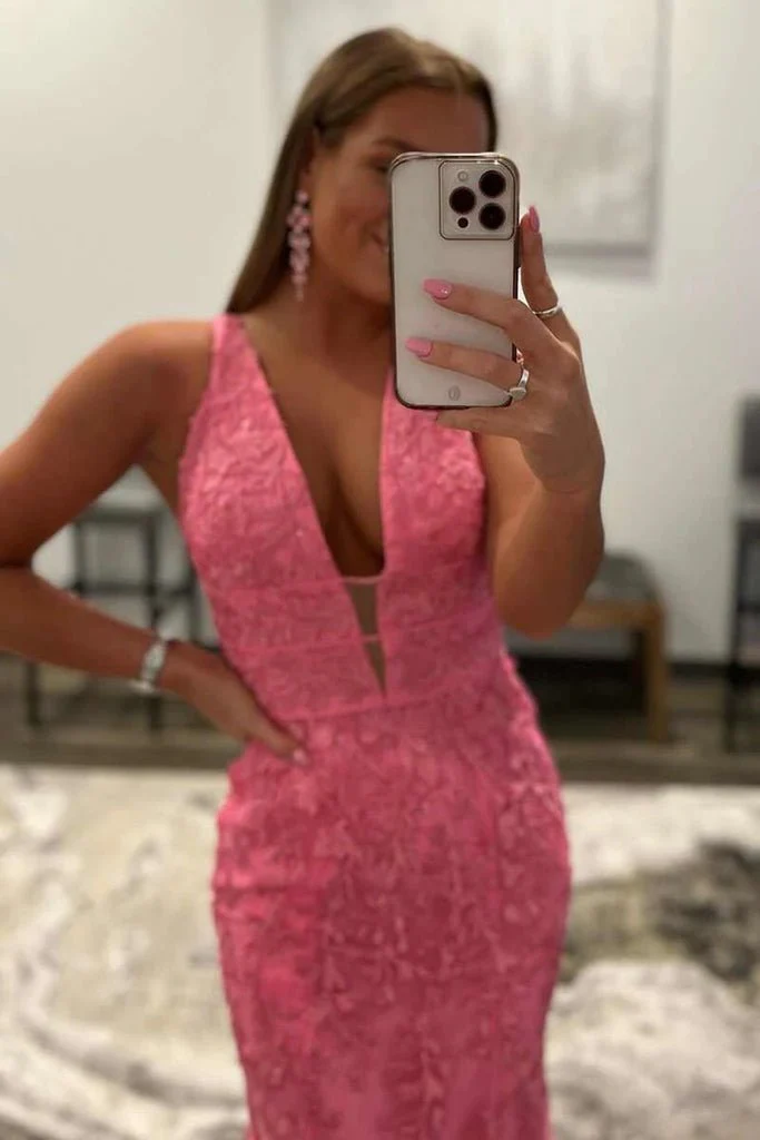 Hot Pink Mermaid Plunge V Neck Lace Prom Dress