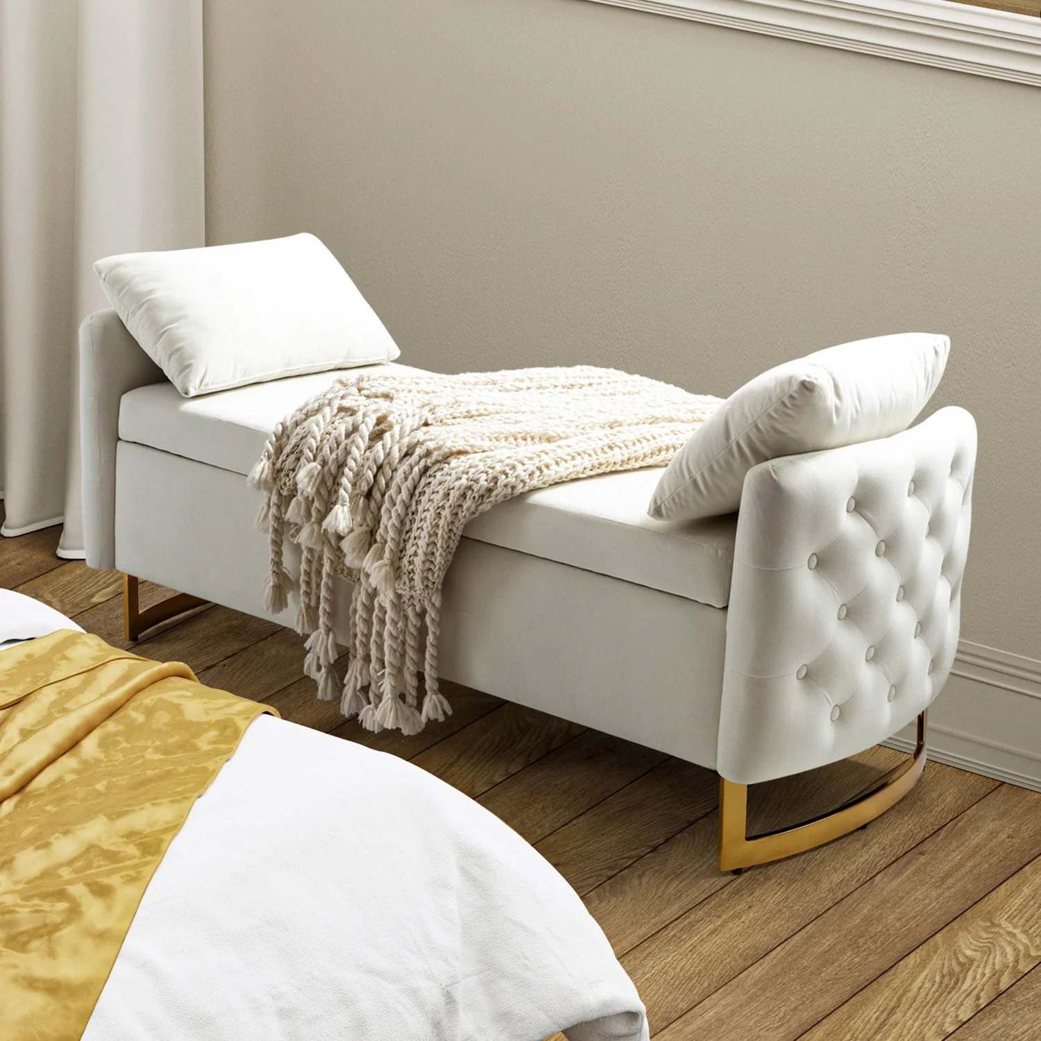Button-Tufted Flip-Top Storage Bench with Arms, Foam Fill & Gold Legs | Ivory / Mustard / Black / Navy / Teal | Single