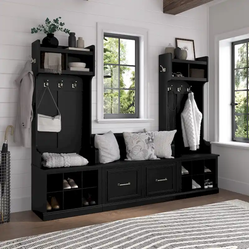 Entryway Hall Tree & Shoe Bench Set, White Ash/Gray/Brown/Black, Single
