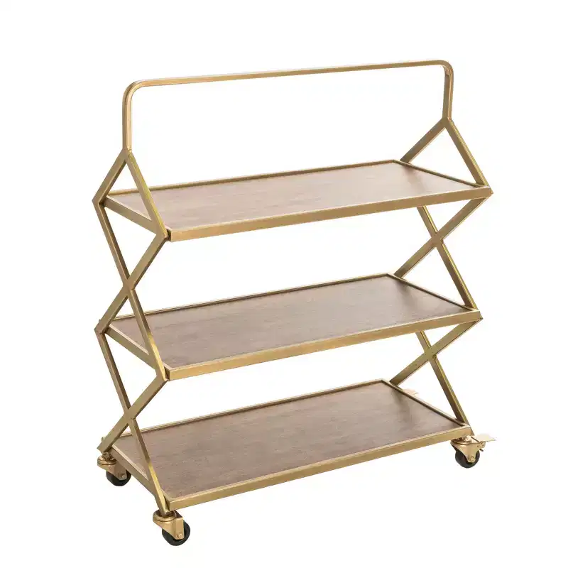 Hudson Bar Cart Gold - Adore Decor: Rolling Storage, 3 Shelves, Rubberwood Surface, No Assembly Required