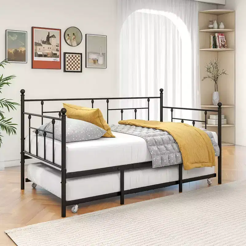 Black Victorian Twin Daybed with Trundle, Sofa Bed for Guest Room or Living Room