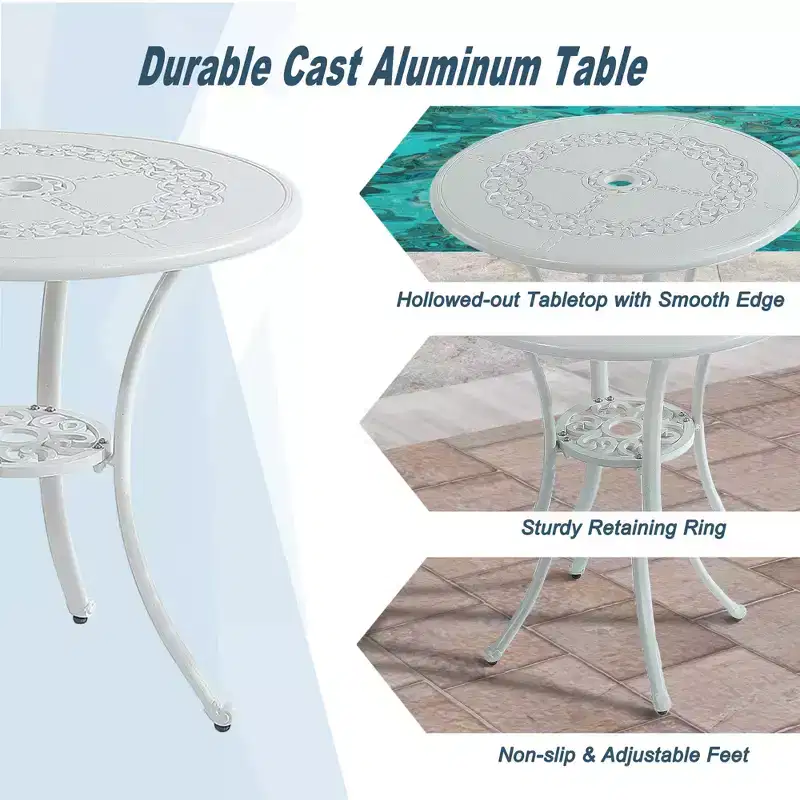 CLIHOME 3-Piece Cast Aluminum Bistro with Umbrella Hole Table and Chairs Set