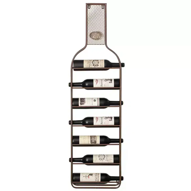 Vintiquewise Decorative Wall-Mounted 7-bottle Metal Wine Rack with Mesh Cork Catcher, Stylish Champagne, White, and Red Wine Storage