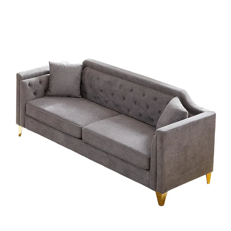 Grey 61.5  Chenille 3-Seater Tufted Sofa with Copper Nail Arms, 2 Pillows