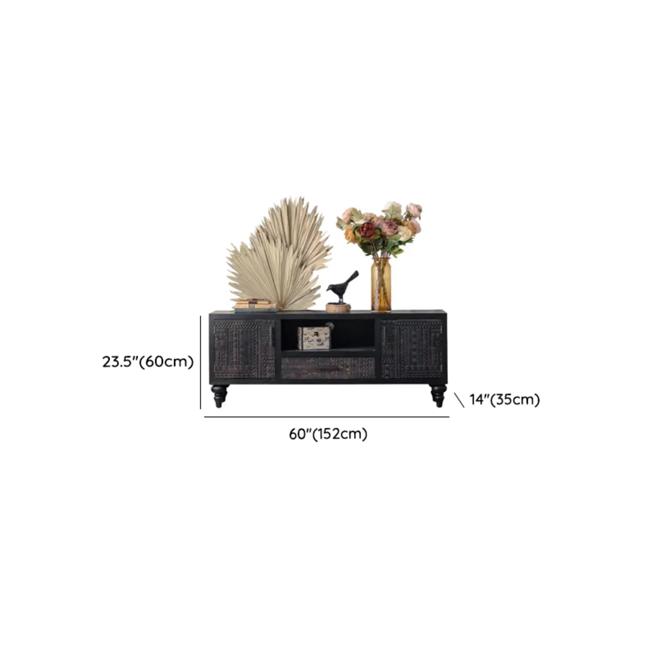 Artistic Pattern Wood Black Cabinet Sideboard in 3-Shelf