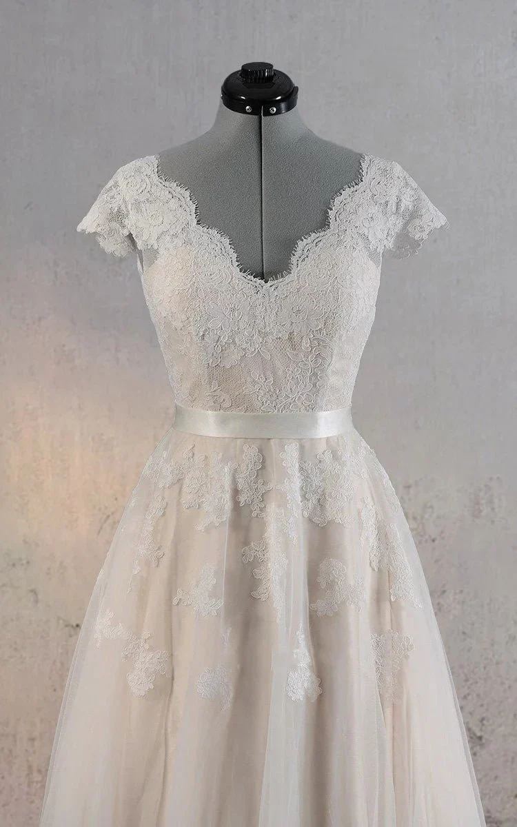 Cap Sleeve V-Neck Lace Wedding Dress With Tulle Skirt and V-Back