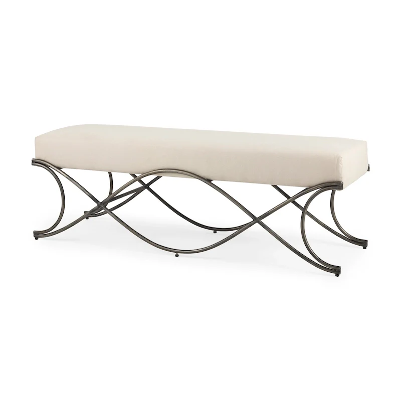 Gray Fabric Upholstered Bench with Gold Metal Legs