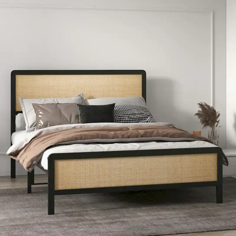 Bed Frame with Rattan Headboard, No Box Spring Needed