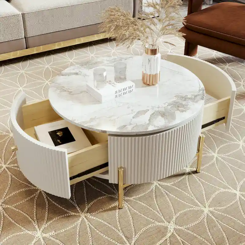 Round Marble-Pattern Coffee Table – White & Gold / Black & Gold, 2 Drawers, Seats 2–4