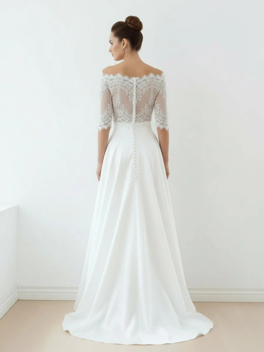 Off-The-Shoulder Lace A-Line Satin Two-Piece Wedding Dress With Sweep Train